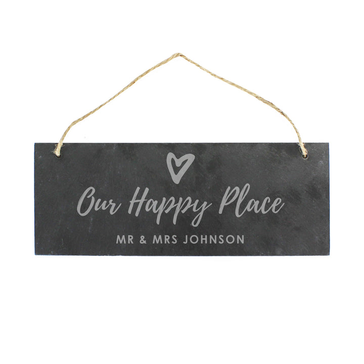 Buy Personalised Our Happy Place Hanging Slate Plaque at www.giftsfinder.co.uk