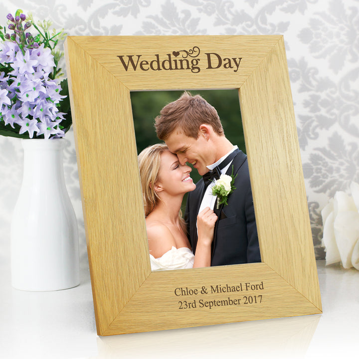 Personalised Wedding Day 4x6 Inch Oak Finish Photo Frame - part of the Gifts Finder Personalised Photo Frames collection