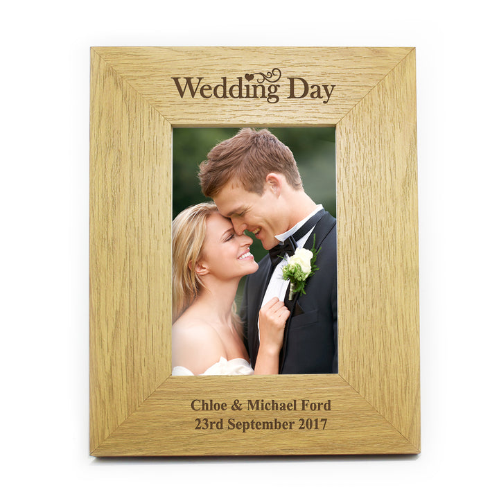 Personalised Wedding Day 4x6 Inch Oak Finish Photo Frame - part of the Gifts Finder Personalised Photo Frames collection