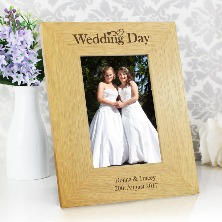 Personalised Wedding Day 4x6 Inch Oak Finish Photo Frame - part of the Gifts Finder Personalised Photo Frames collection