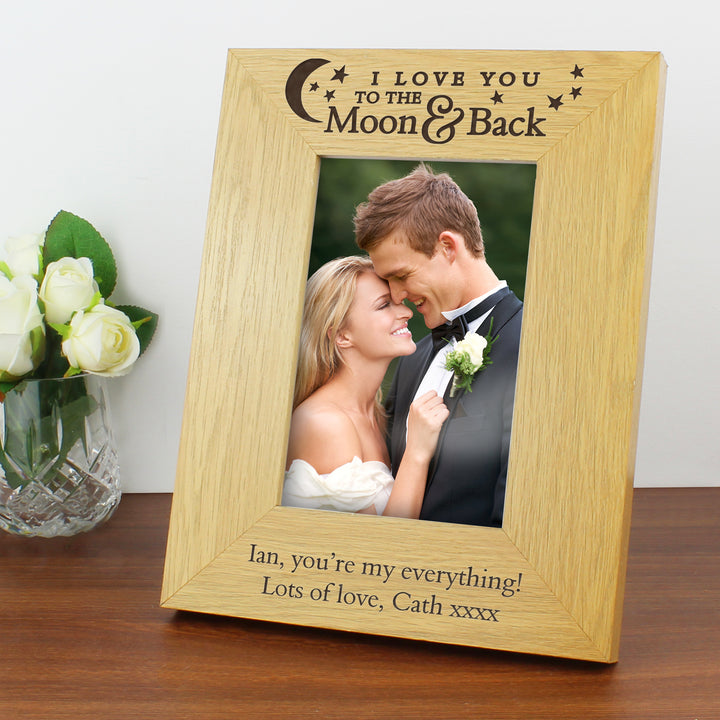 Buy Personalised 'To the Moon and Back' 4x6 Oak Finish Photo Frame available now at www.giftsfinder.co.uk