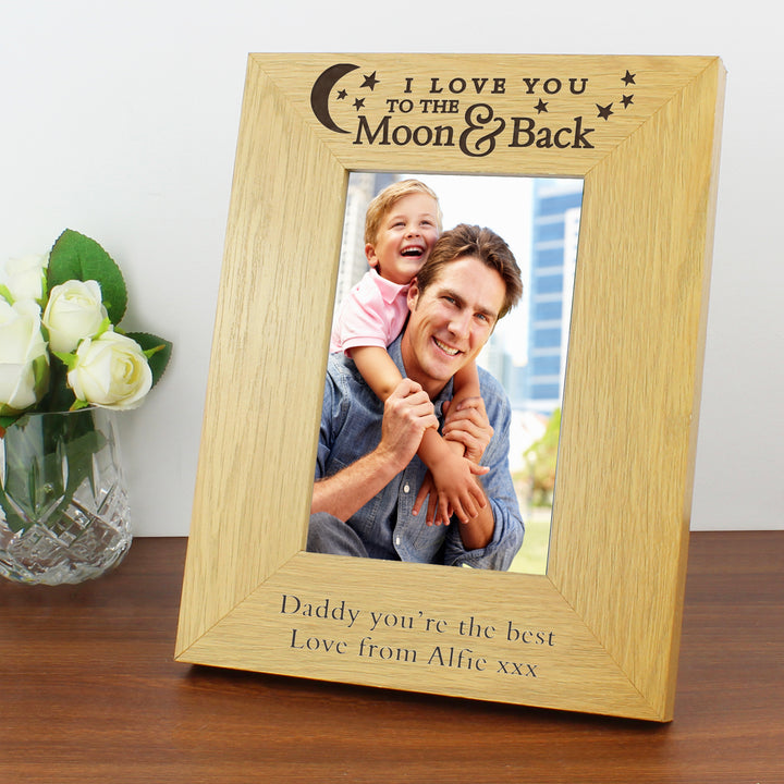 Buy Personalised 'To the Moon and Back' 4x6 Oak Finish Photo Frame available now at www.giftsfinder.co.uk