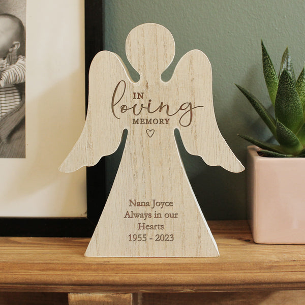 Buy Personalised In Loving Memory Rustic Wooden Angel Decoration at www.giftsfinder.co.uk