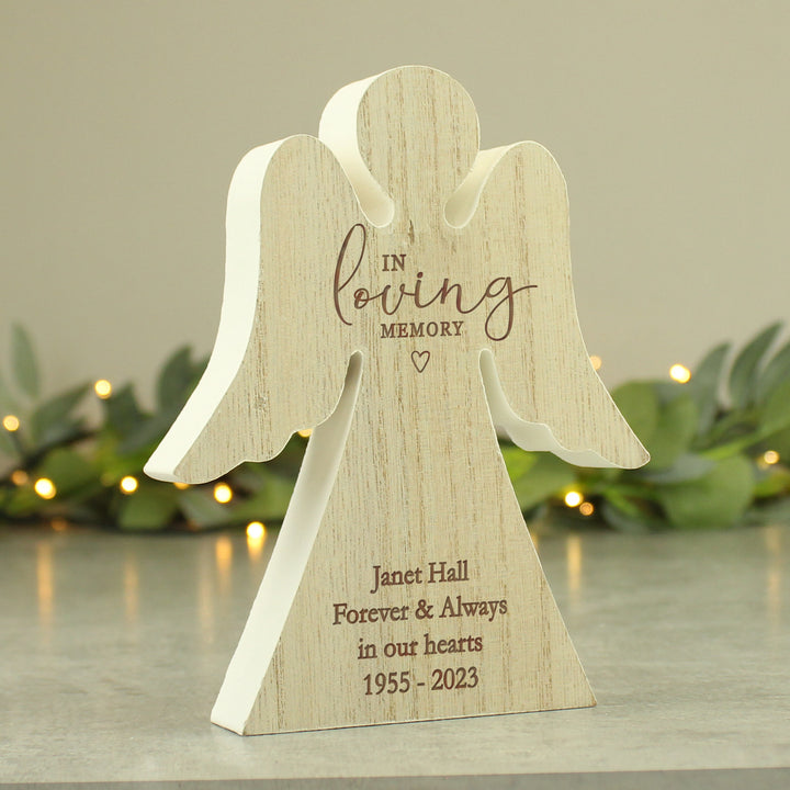 Buy Personalised In Loving Memory Rustic Wooden Angel Decoration at www.giftsfinder.co.uk