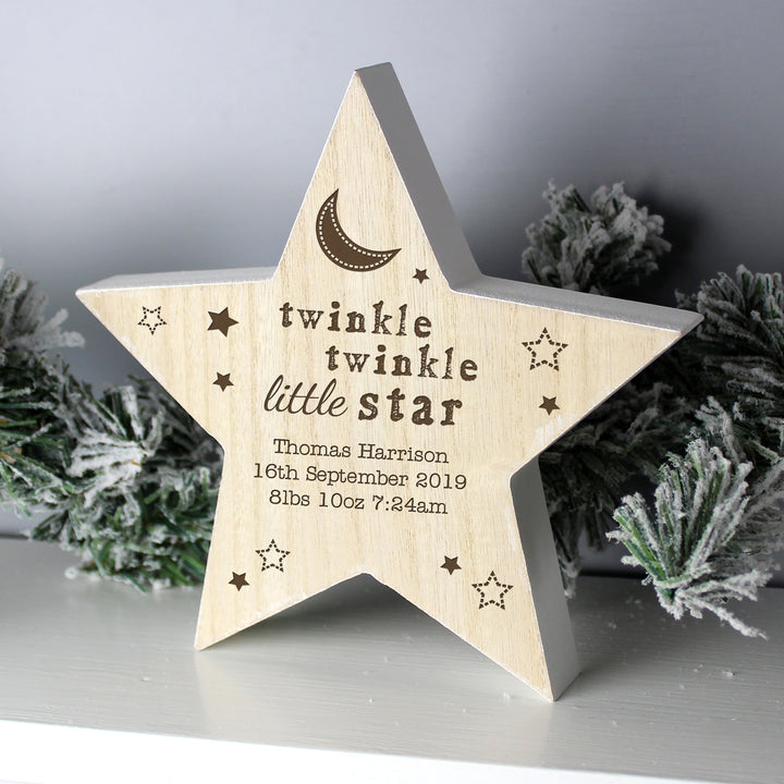 Buy Personalised Twinkle Twinkle Rustic Wooden Star Decoration at www.giftsfinder.co.uk