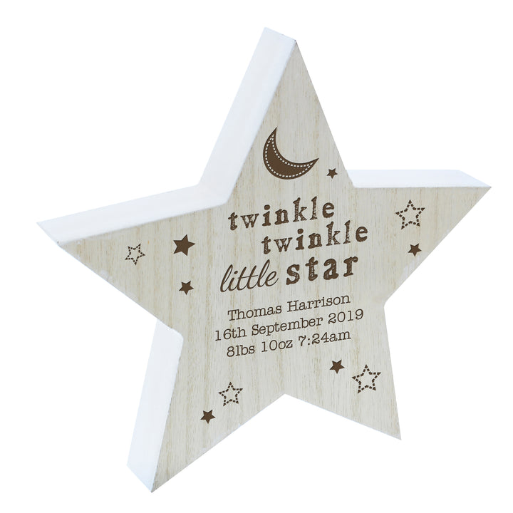 Buy Personalised Twinkle Twinkle Rustic Wooden Star Decoration at www.giftsfinder.co.uk