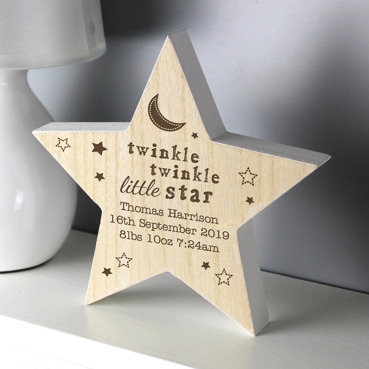 Buy Personalised Twinkle Twinkle Rustic Wooden Star Decoration at www.giftsfinder.co.uk