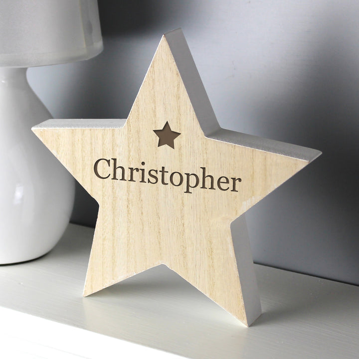 Buy Personalised Any Name Rustic Wooden Star Decoration at www.giftsfinder.co.uk