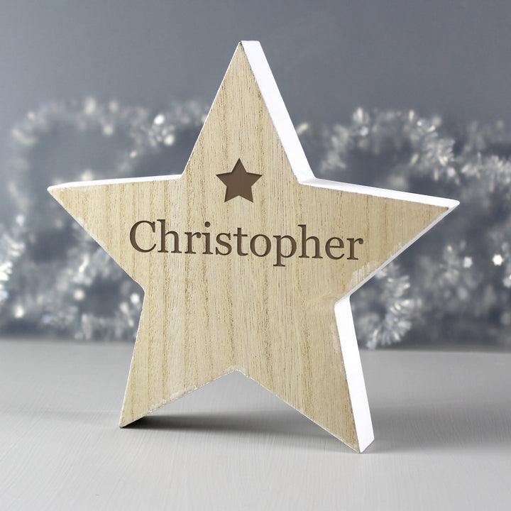 Buy Personalised Any Name Rustic Wooden Star Decoration at www.giftsfinder.co.uk