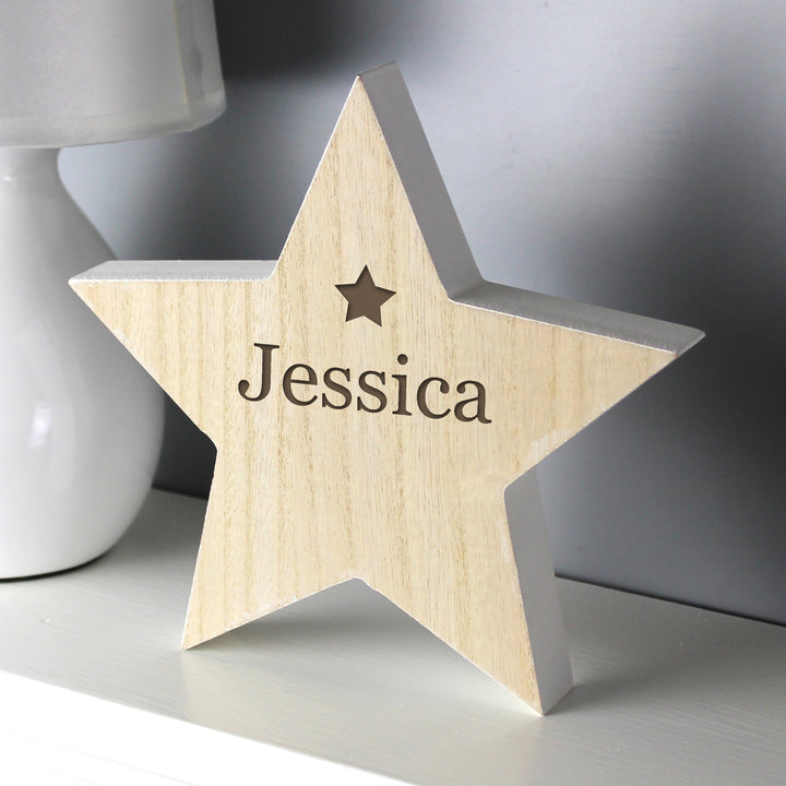 Buy Personalised Any Name Rustic Wooden Star Decoration at www.giftsfinder.co.uk