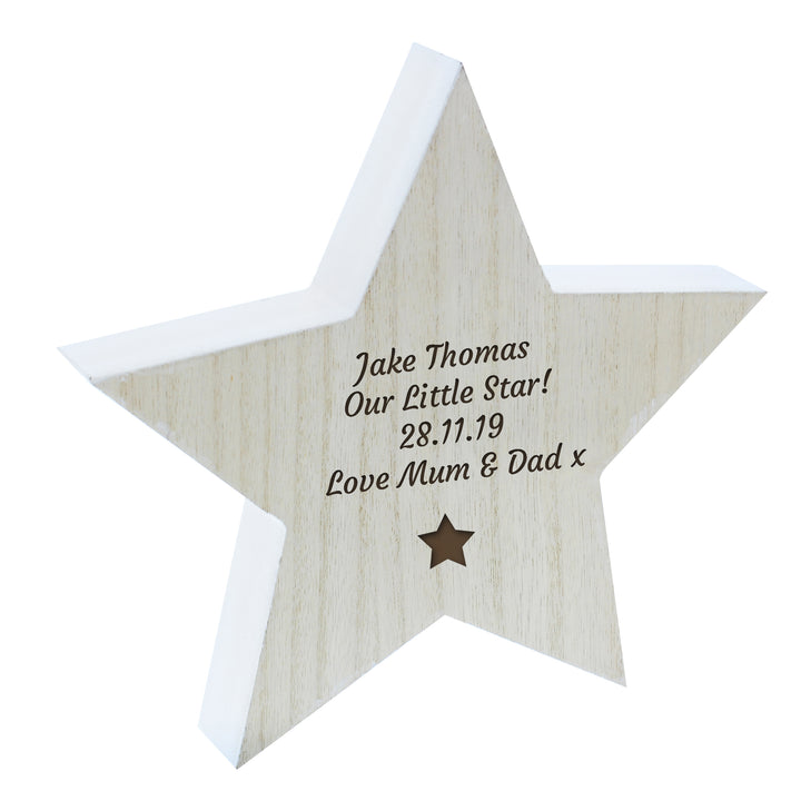 Buy Personalised Star Motif Rustic Wooden Star Decoration at www.giftsfinder.co.uk