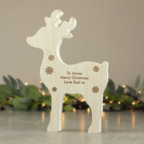 Buy Personalised Rustic Wooden Reindeer Decoration at www.giftsfinder.co.uk