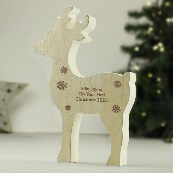 Buy Personalised Rustic Wooden Reindeer Decoration at www.giftsfinder.co.uk