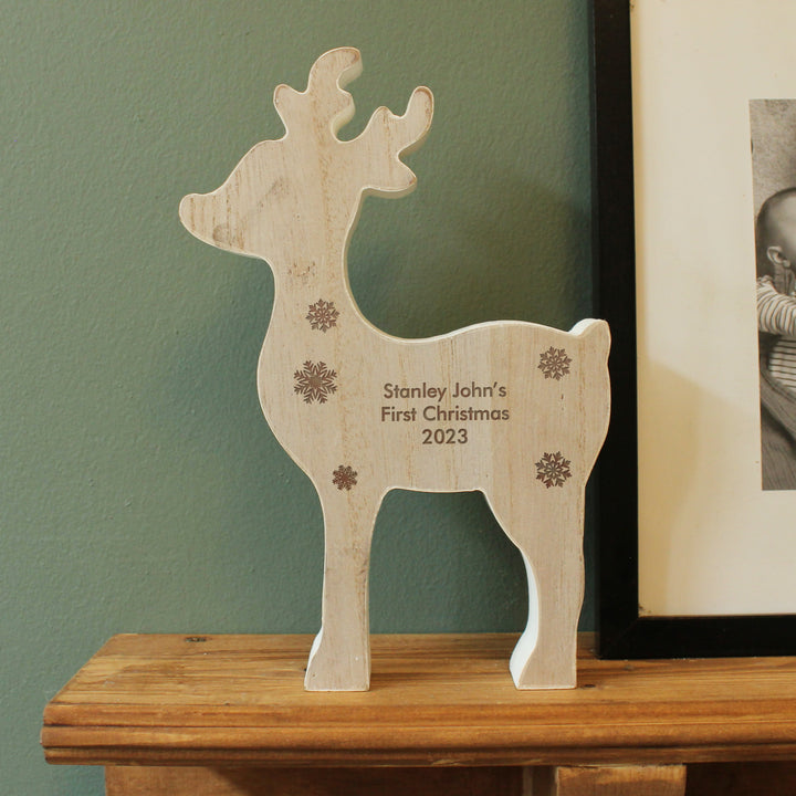 Buy Personalised Rustic Wooden Reindeer Decoration at www.giftsfinder.co.uk