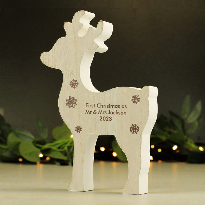 Buy Personalised Rustic Wooden Reindeer Decoration at www.giftsfinder.co.uk