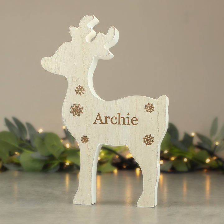 Buy Personalised Any Name Rustic Wooden Reindeer Decoration at www.giftsfinder.co.uk