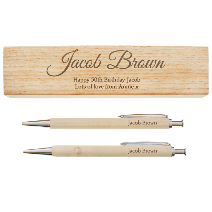 Buy Personalised Any Message Wooden Pen & Pencil Box Set at www.giftsfinder.co.uk