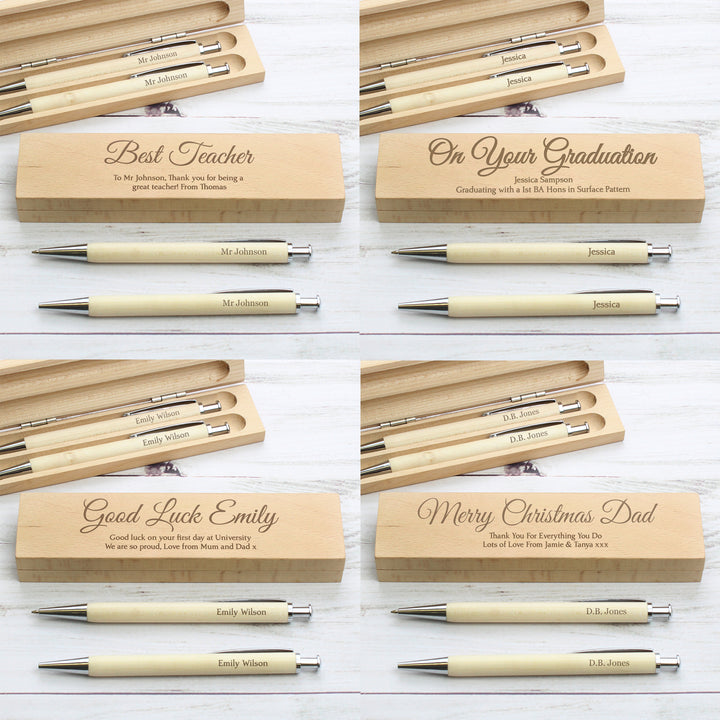 Buy Personalised Any Message Wooden Pen & Pencil Box Set at www.giftsfinder.co.uk