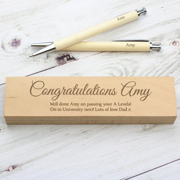 Buy Personalised Any Message Wooden Pen & Pencil Box Set at www.giftsfinder.co.uk