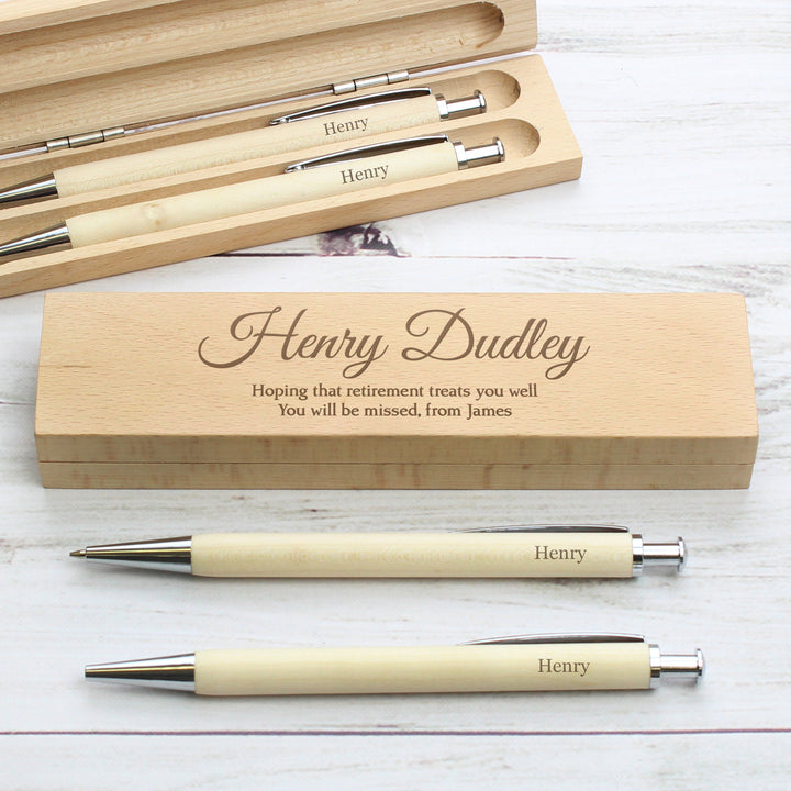 Buy Personalised Any Message Wooden Pen & Pencil Box Set at www.giftsfinder.co.uk