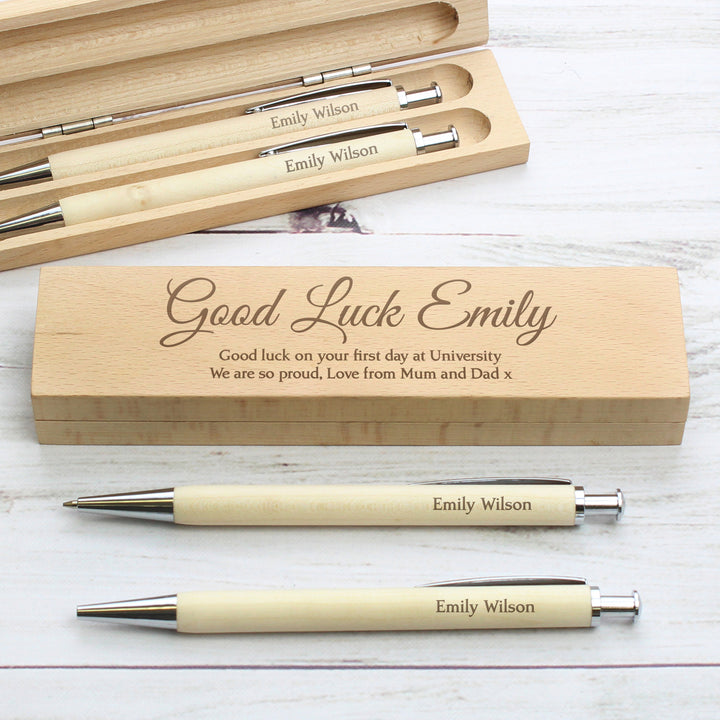 Buy Personalised Any Message Wooden Pen & Pencil Box Set at www.giftsfinder.co.uk