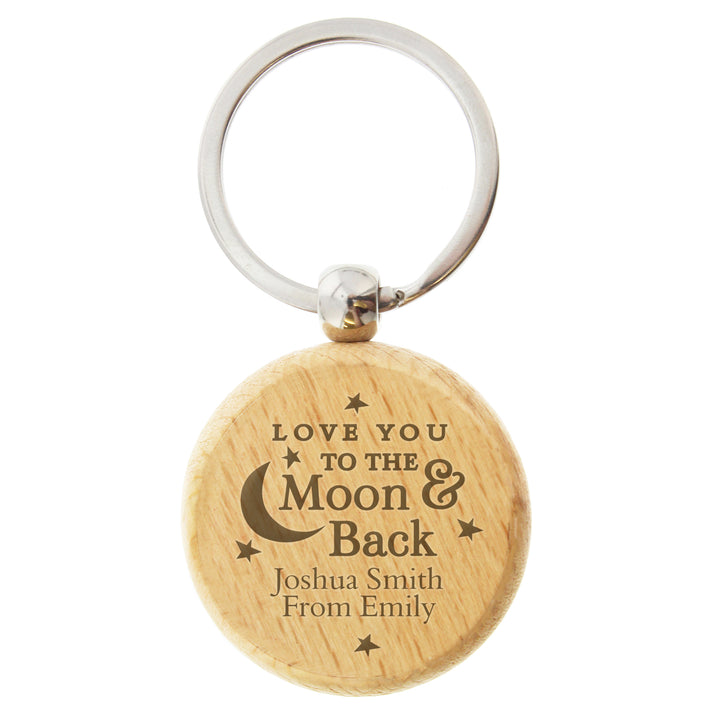 Buy Personalised Moon & Back Wooden Keyring at www.giftsfinder.co.uk