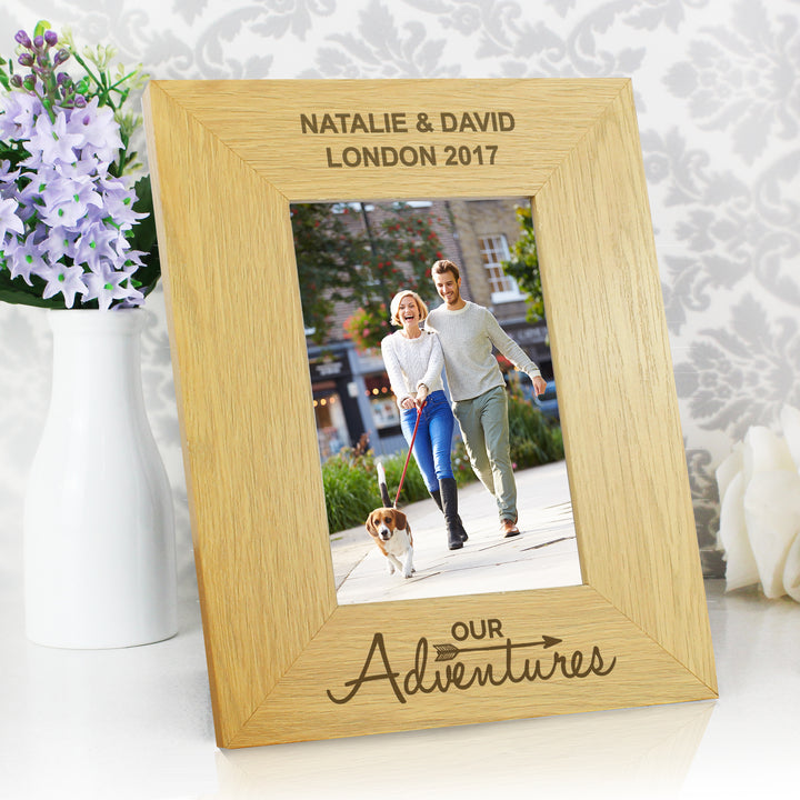 Buy Personalised Our Adventures 4x6 Oak Finish Photo Frame at www.giftsfinder.co.uk