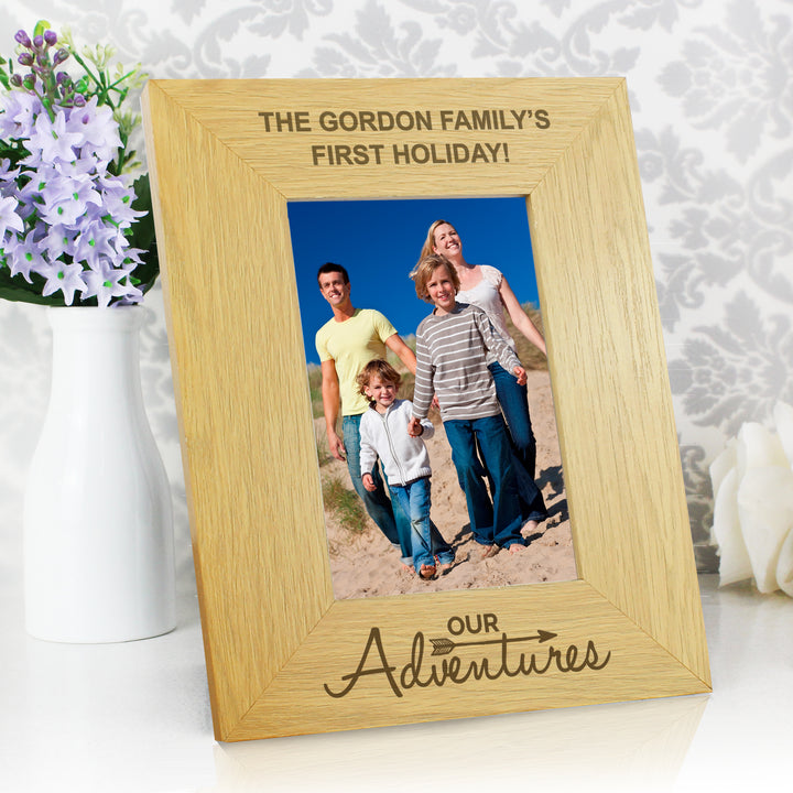 Buy Personalised Our Adventures 6x4 Oak Finish Photo Frame at www.giftsfinder.co.uk