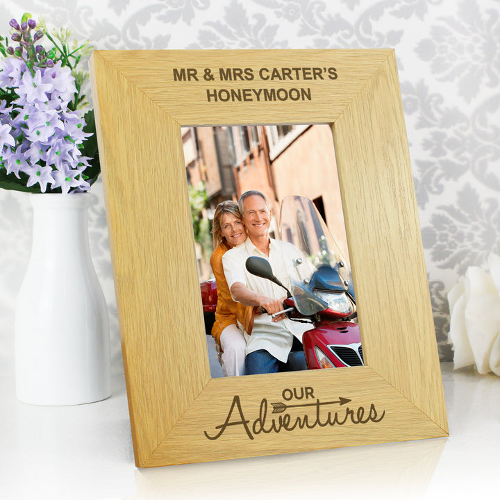 Buy Personalised Our Adventures 6x4 Oak Finish Photo Frame at www.giftsfinder.co.uk