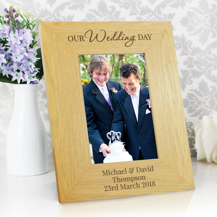 Buy Personalised Our Wedding Day 4x6 Oak Finish Photo Frame at www.giftsfinder.co.uk