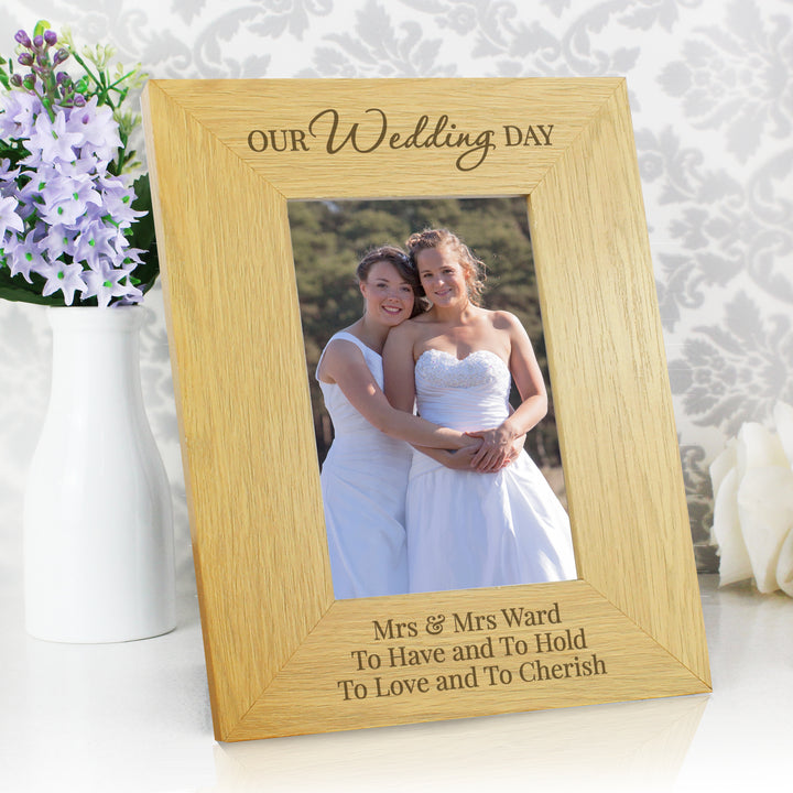 Buy Personalised Our Wedding Day 4x6 Oak Finish Photo Frame at www.giftsfinder.co.uk