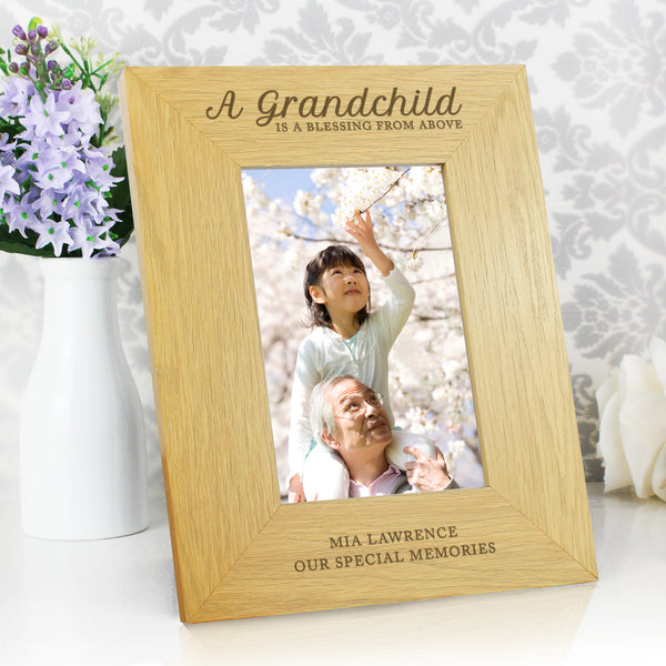 Buy Personalised A Grandchild Is A Blessing 6x4 Oak Finish Photo Frame available now at www.giftsfinder.co.uk