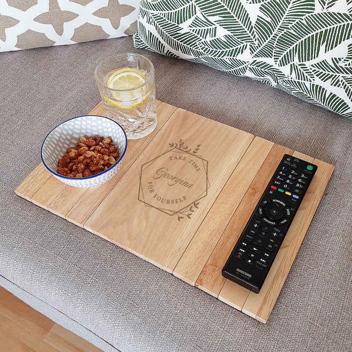 Buy Personalised Take Time For Yourself Wooden Sofa Tray at www.giftsfinder.co.uk