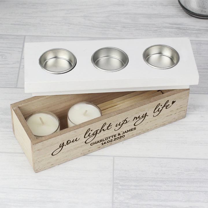 Buy Personalised You Light Up My Life Triple Tea Light Box at www.giftsfinder.co.uk