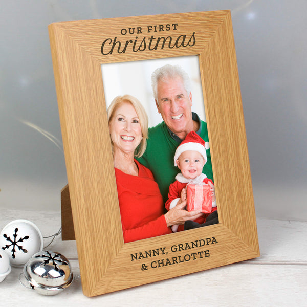 Buy Personalised 'Our First Christmas' 4x6 Oak Finish Photo Frame at www.giftsfinder.co.uk