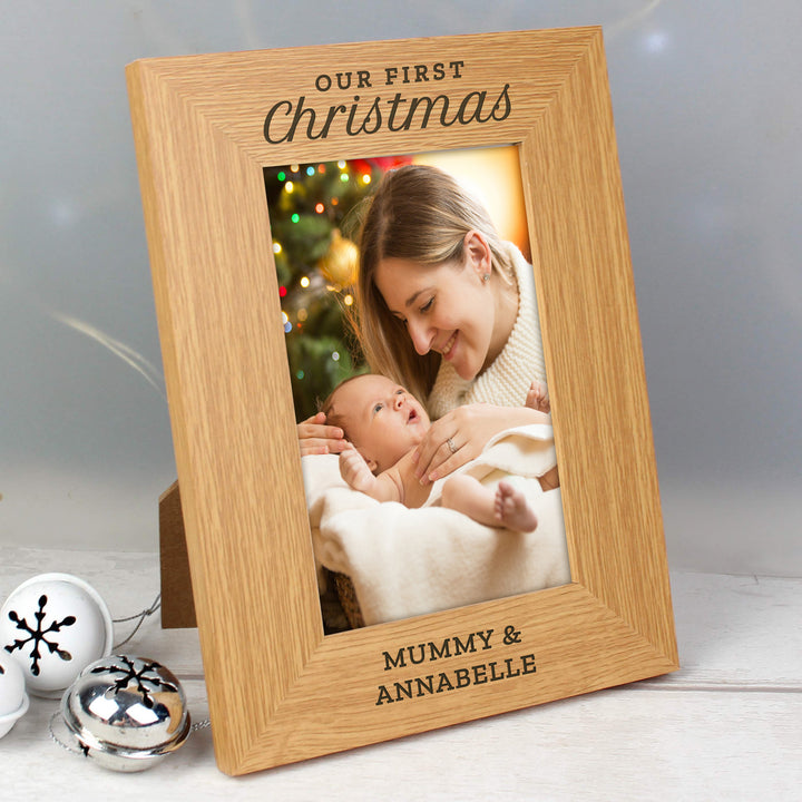 Buy Personalised 'Our First Christmas' 4x6 Oak Finish Photo Frame at www.giftsfinder.co.uk