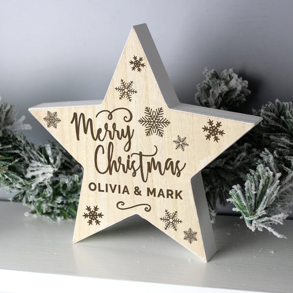 Buy Personalised Merry Christmas Rustic Wooden Star Decoration at www.giftsfinder.co.uk