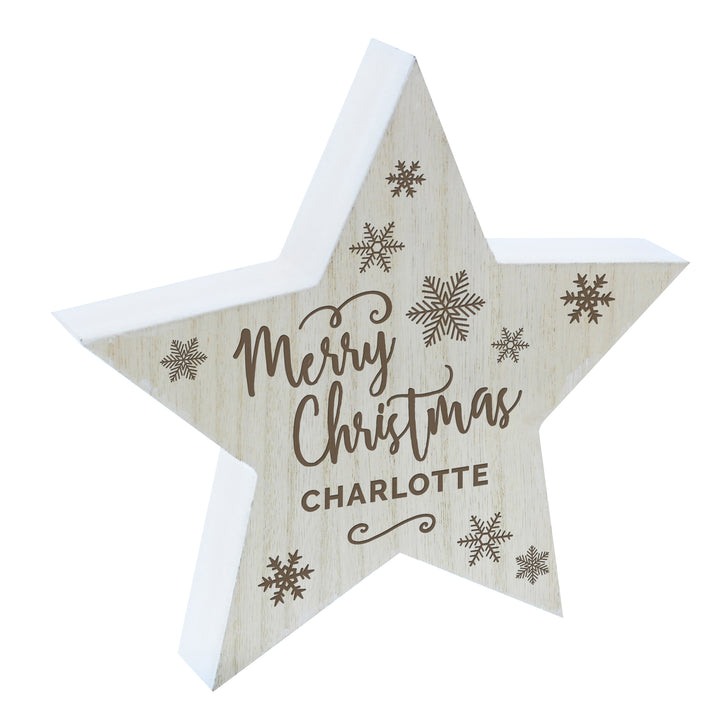 Personalised Merry Christmas Rustic Wooden Star Decoration - part of the Gifts Finder Personalised Christmas Decorations collection