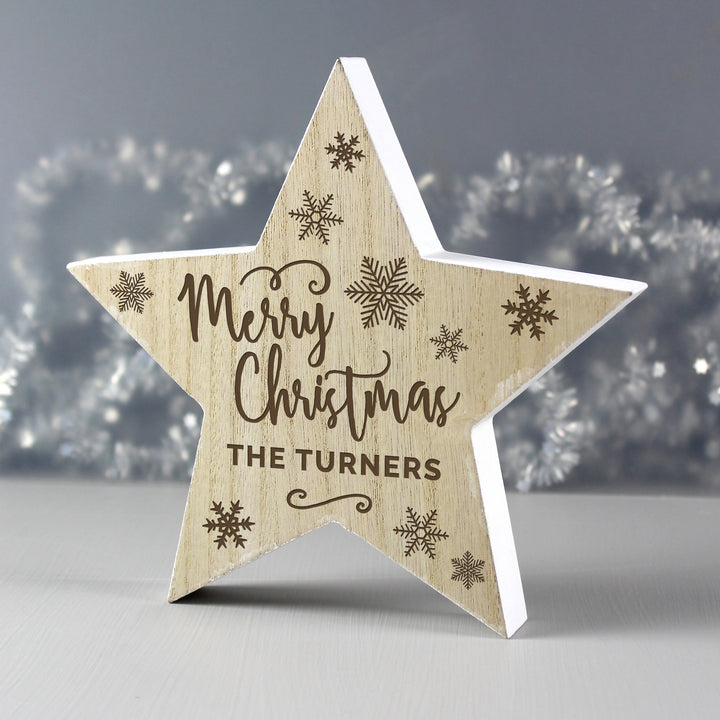 Personalised Merry Christmas Rustic Wooden Star Decoration - part of the Gifts Finder Personalised Christmas Decorations collection