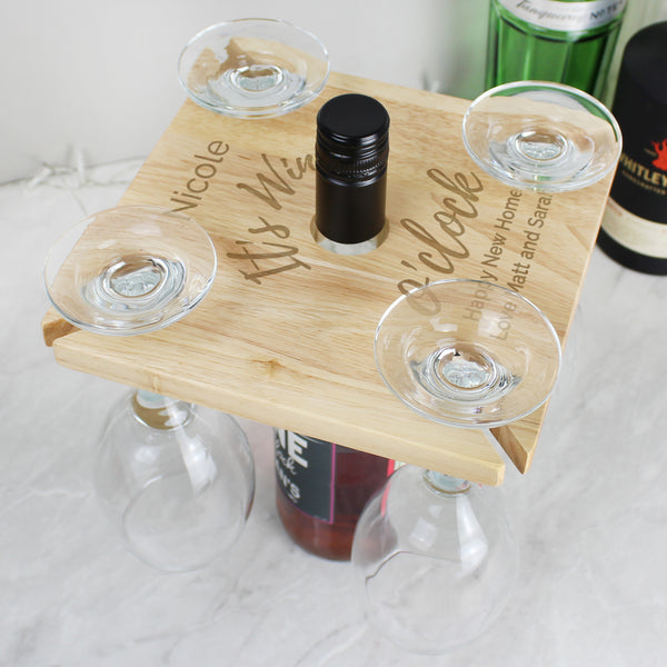 Buy Personalised Wine O'clock Four Wine Glass Holder & Bottle Holder at www.giftsfinder.co.uk