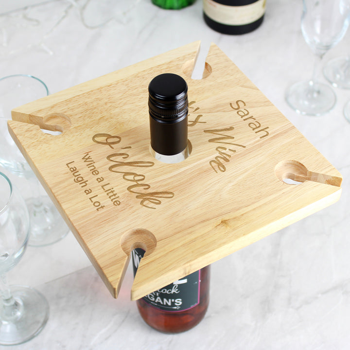 Personalised Wine O'Clock Four Wine Glass Holder & Bottle Holder - part of the Gifts Finder Personalised Wine Gift Sets collection