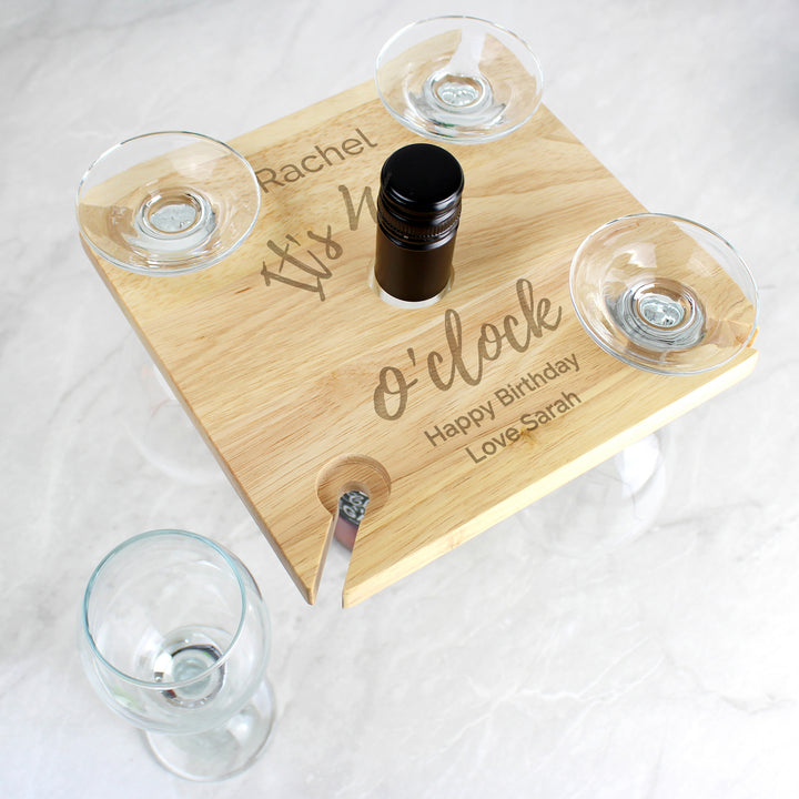 Personalised Wine O'Clock Four Wine Glass Holder & Bottle Holder - part of the Gifts Finder Personalised Wine Gift Sets collection