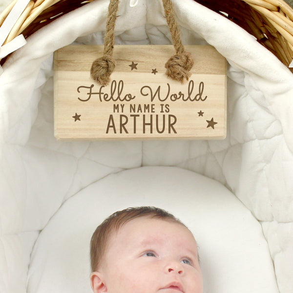 Buy Personalised Hello World Wooden Sign at www.giftsfinder.co.uk