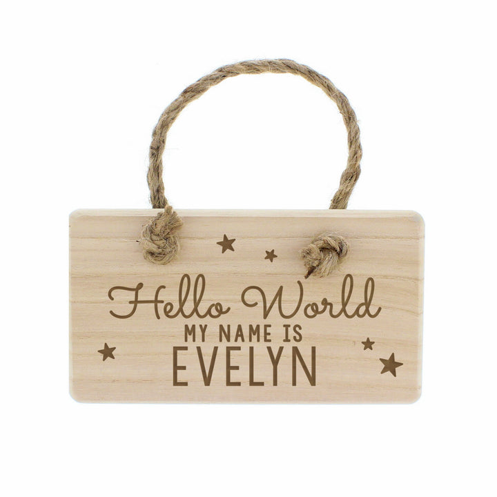 Buy Personalised Hello World Wooden Sign at www.giftsfinder.co.uk