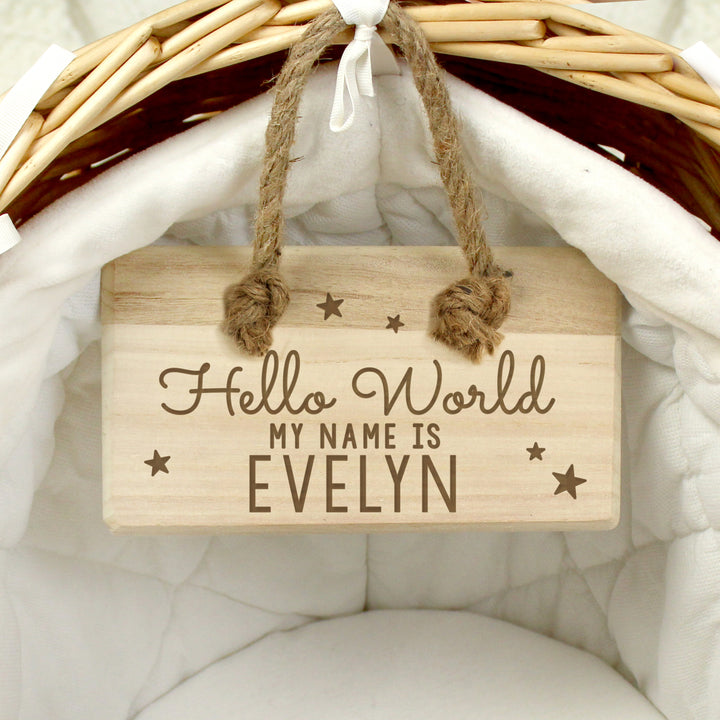 Buy Personalised Hello World Wooden Sign at www.giftsfinder.co.uk