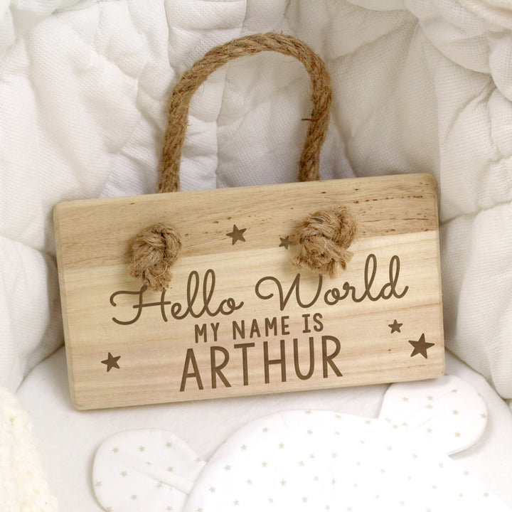 Buy Personalised Hello World Wooden Sign at www.giftsfinder.co.uk