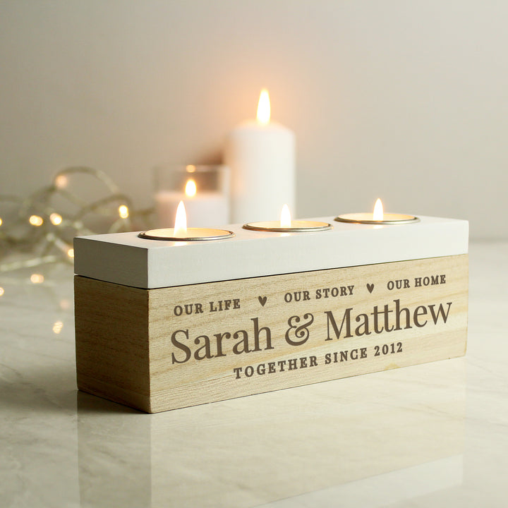 Buy Personalised Our Life Story & Home Triple Tea Light Box at www.giftsfinder.co.uk