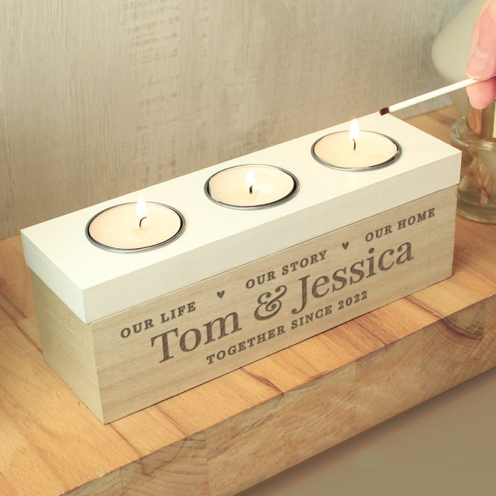 Buy Personalised Our Life Story & Home Triple Tea Light Box at www.giftsfinder.co.uk