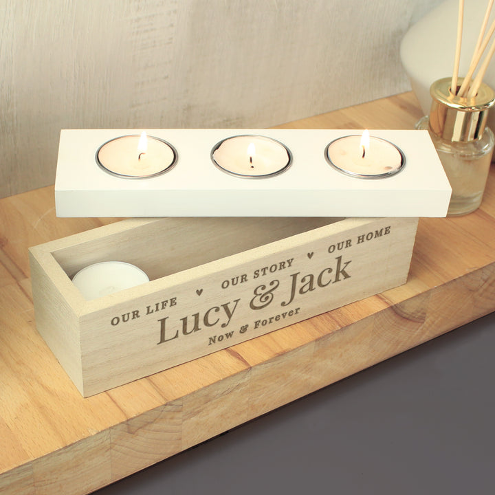 Buy Personalised Our Life Story & Home Triple Tea Light Box at www.giftsfinder.co.uk