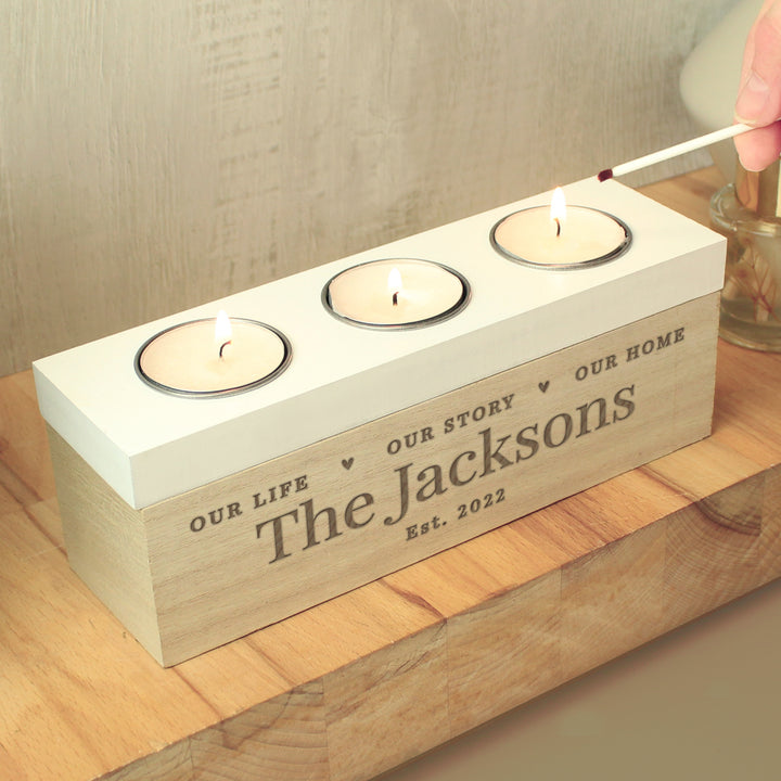 Buy Personalised Our Life Story & Home Triple Tea Light Box at www.giftsfinder.co.uk